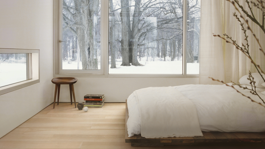 Light wood look tiles bedroom