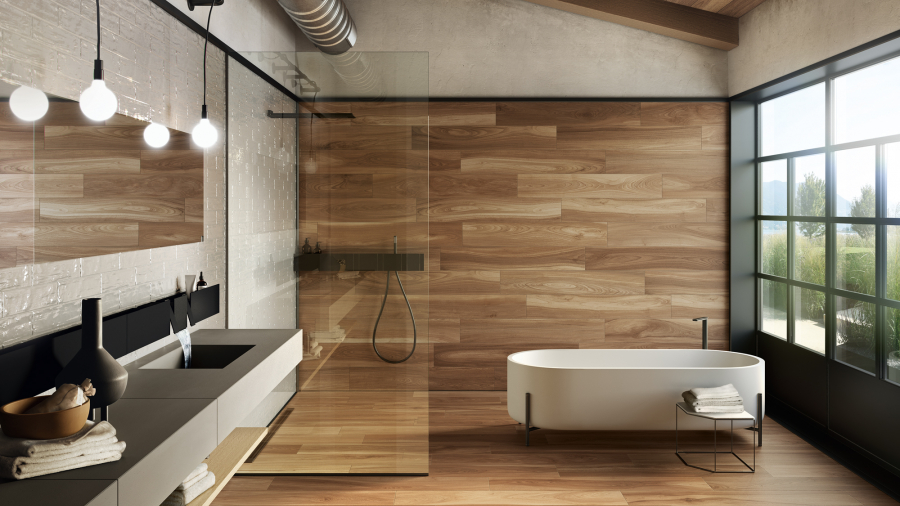 wood look and glazed tiles bathroom contemporary design