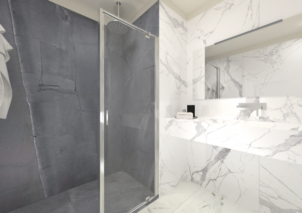 3D Rendering batrhroom shower with porcelain tiles
